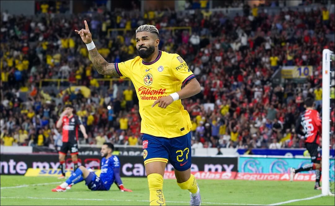 Rodrigo Aguirre celebra una de sus anotaciones al Atlas, en el duelo de América correspondiente a la Jornada 12. FOTO: Imago7