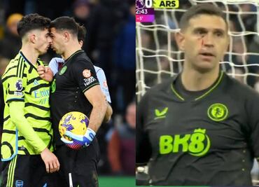 Dibu Martínez acabó con el rostro ensangrentado luego de un encontronazo con Kai Havertz