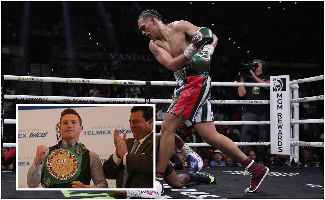 David Benavidez tirando a Demetrius Andrade y 'Canelo' Álvarez con Mauricio Sulaimán / FOTOS: AFP y El Universal