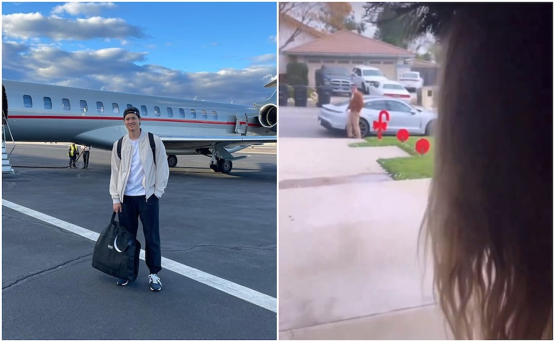 Shohei Ohtani en un aeropuerto y esposa de Joe Kelly viendo el Porsche que le regalaron / FOTOS: Instagram @shoheiohtani y Captura