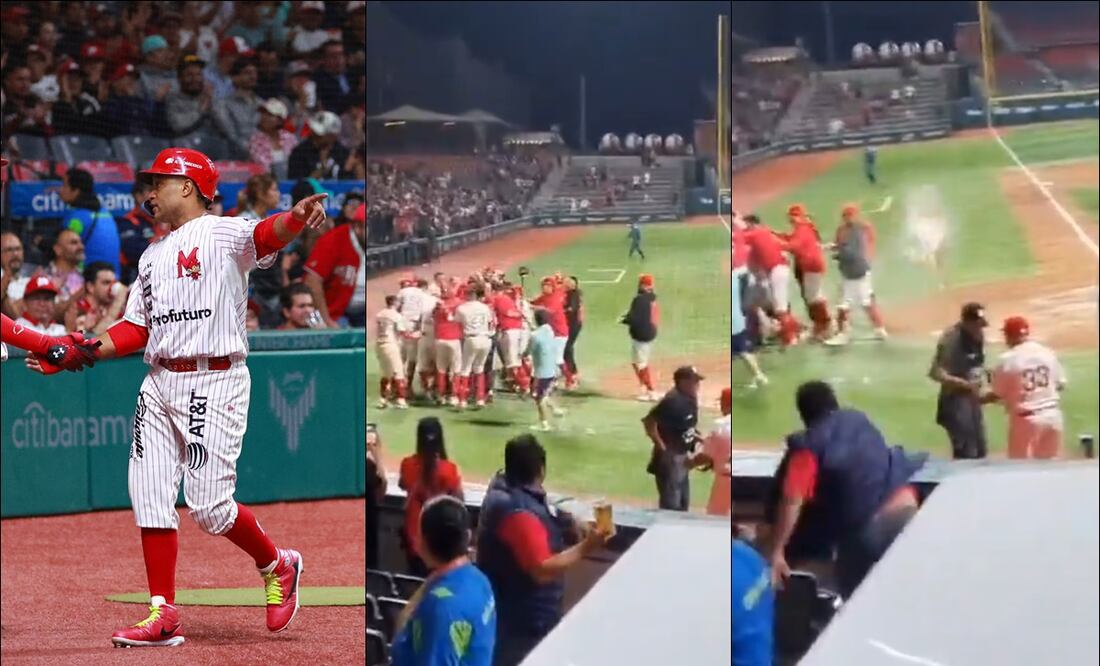 Aficionado arroja cerveza al umpire Rodolfo Pastrana. FOTOS: Imago7 / Capturas