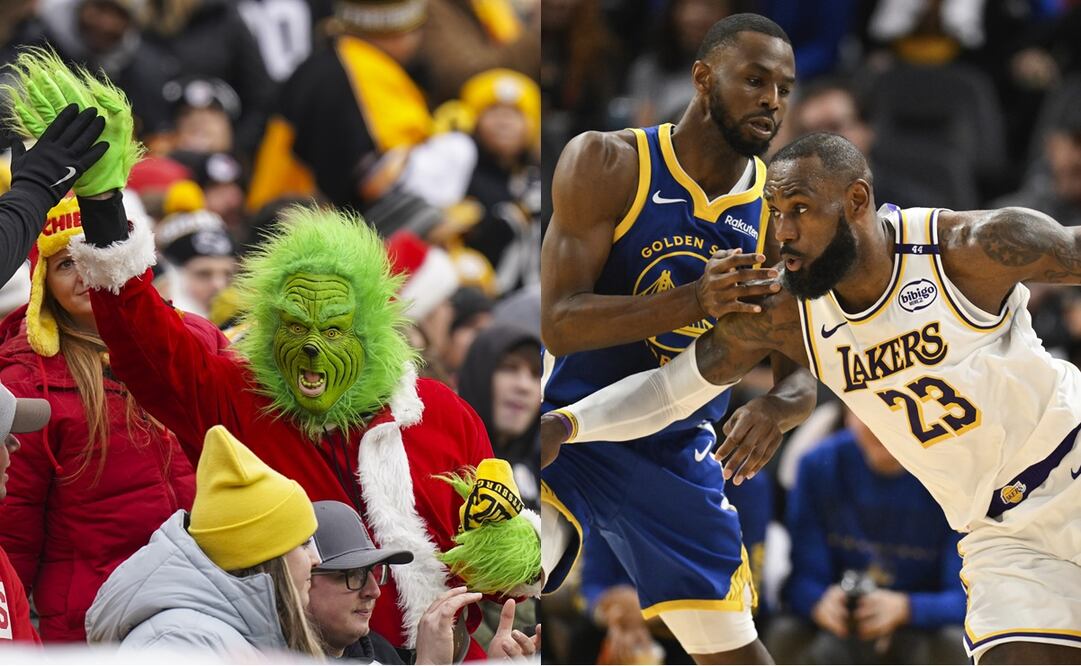 Un aficionado en Navidad, durante el juego entre los Steelers y Chiefs | LeBron James en el juego navideño de los Lakers y los Warriors - Fotos: AP