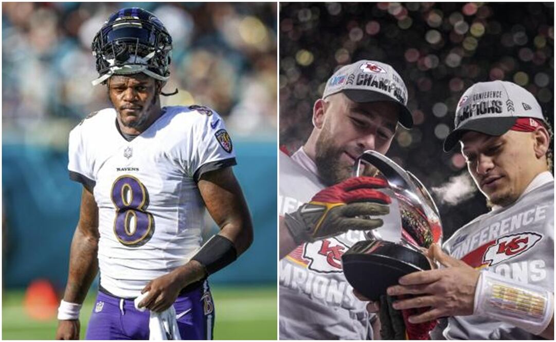 Lamar Jackson con Baltimore, y Patrick Mahomes y Travis Kelce con el trofeo Vince Lombardi / FOTOS: AP