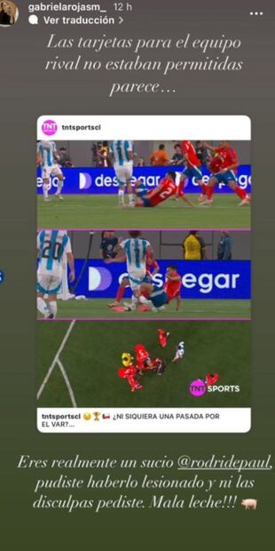Rodrigo De Paul sufrió las críticas de la esposa de Gabriel Suazo. Fuente: Instagram @gabrielarojasm_