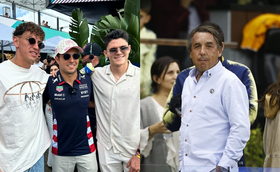 Igor Lichnovsky e Israel Reyes con Sergio 'Checo' Pérez en GP de Miami y Emilio Azcárraga / FOTOS: Imago7 e Instagram @igorlichnovsky