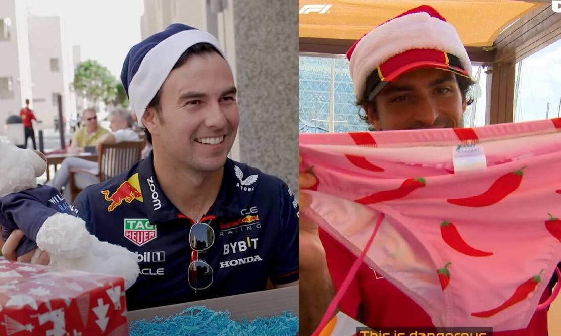 Checo Pérez lucía feliz con su regalo; a Carlos Sainz no le gustó nada. Foto: Especial