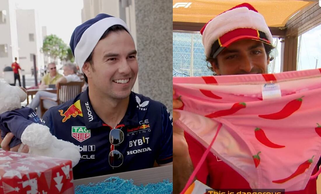 Checo Pérez lucía feliz con su regalo; a Carlos Sainz no le gustó nada. Foto: Especial