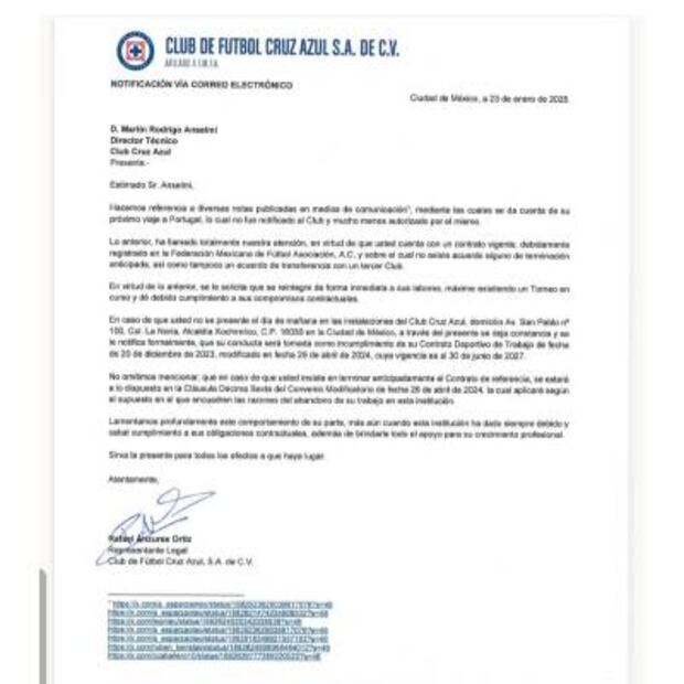 Esta es la notificación que Cruz Azul envió a Martín Anselmi via correo electrónico. FOTO: Especial
