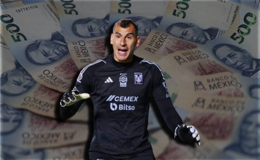 Nahuel Guzmán en un entrenamiento de Tigres y fondo de billetes de 500 pesos mexicanos / FOTO: Imago7 y Especial