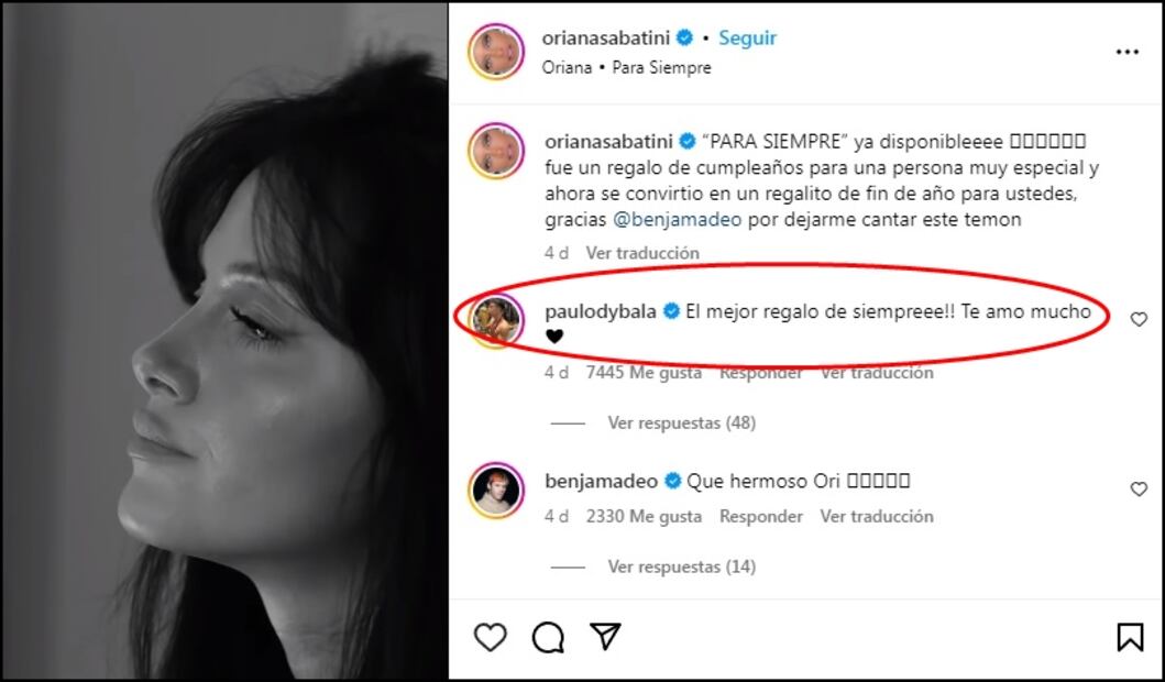 El posteo de Oriana Sabatini. Fuente: Instagram @orianasabatini