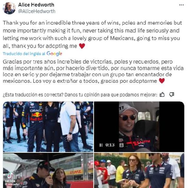 Este fue el mensaje que le dedicó Alice Hedworth a Checo Pérez tras salir de Red Bull. Foto: Especial