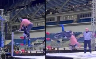 El luchador Misterius y su rival cayeron de cabeza al intentar un 'Spanish Fly'. FOTO: Capturas