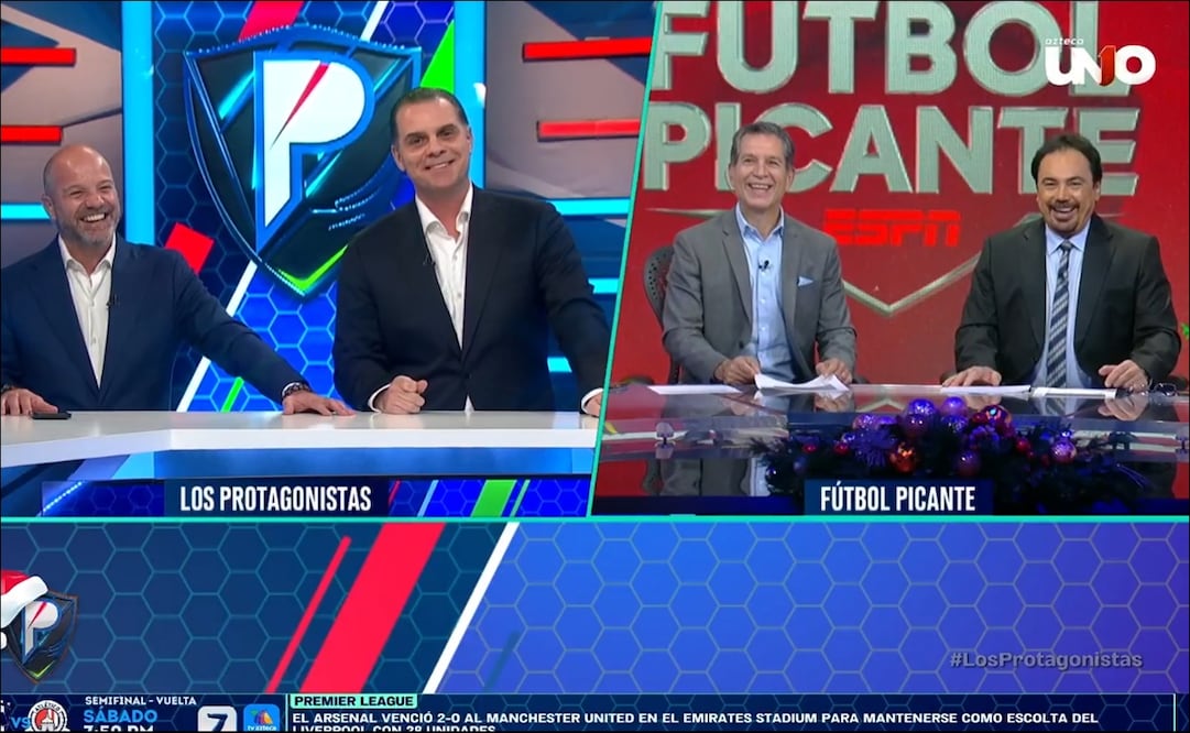 Luis García, Christian Martinoli, Javier Alarcón y Hugo Sánchez, durante el histórico enlace de Los Protagonistas y Futbol Picante. FOTO: Captura