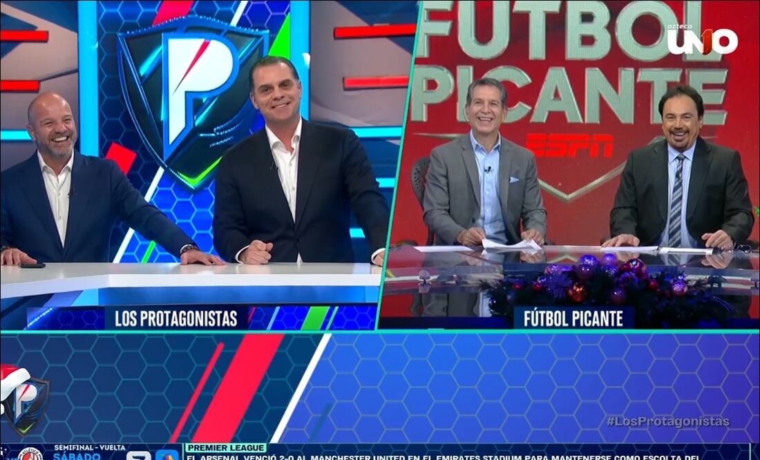 Luis García, Christian Martinoli, Javier Alarcón y Hugo Sánchez, durante el histórico enlace de Los Protagonistas y Futbol Picante. FOTO: Captura