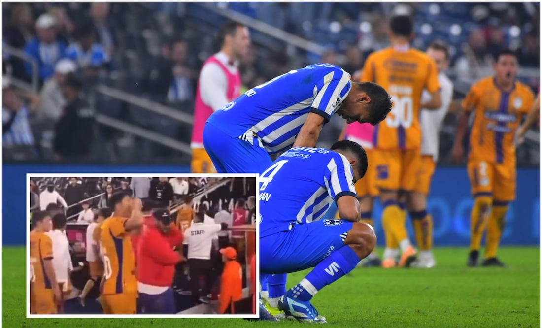 Jugadores de Rayados lamentándose y Jordan Silva burlándose de la afición / FOTO: Imago7 y Captura
