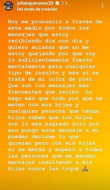 Mensaje de Julián Quiñones en redes sociales