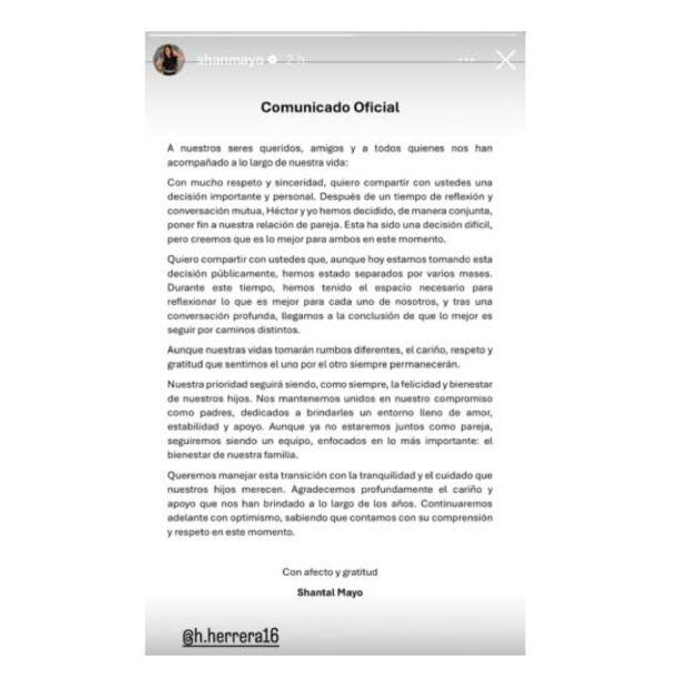 Con esta publicación, Shantal Mayo anunció que se va a divorciar de Héctor Herrera. Foto: Especial