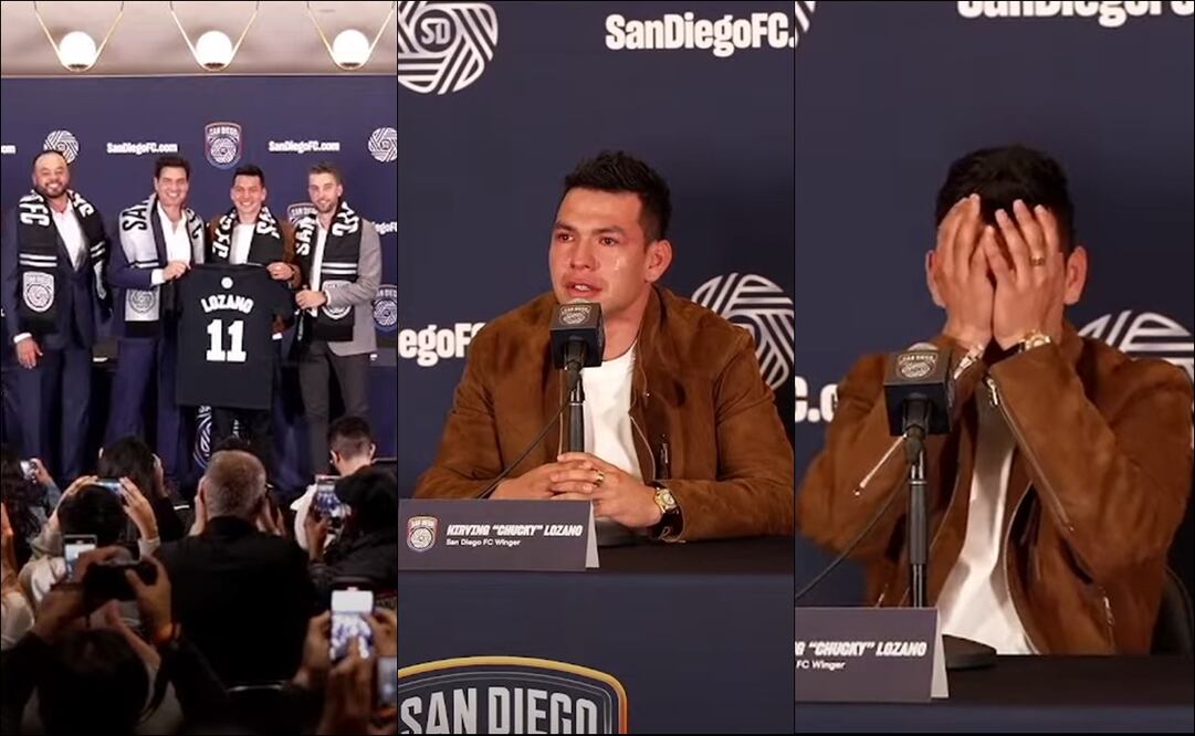 Chucky Lozano llora durante su presentación con del San Diego FC. FOTO: Capturas