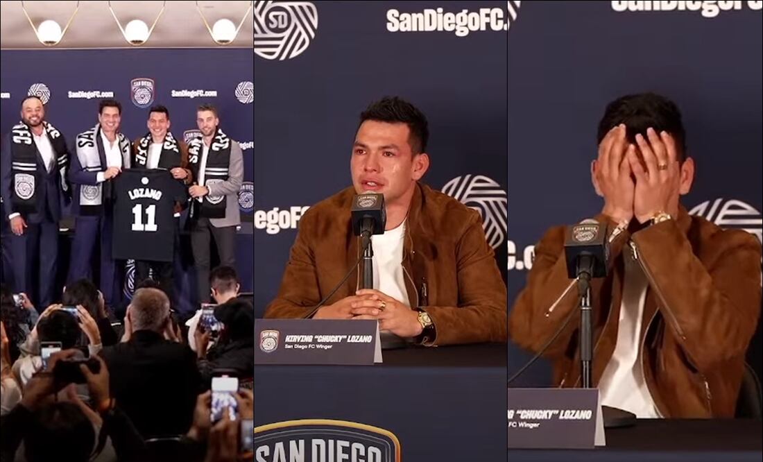 Chucky Lozano llora durante su presentación con del San Diego FC. FOTO: Capturas