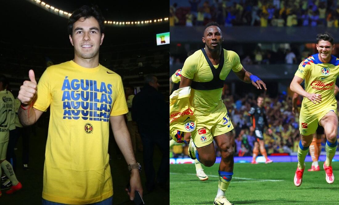 Checo Pérez con la playera de América y Julián Quiñones celebrando el gol del pase ante Pachuca / FOTO: Imago7 y Especial