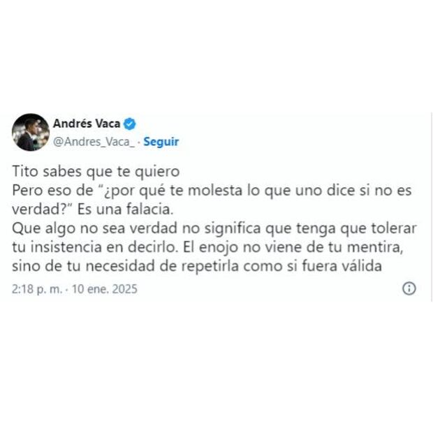 Este es el mensaje que le dedicó Andrés Vaca a Tito Villa. Foto: Especial