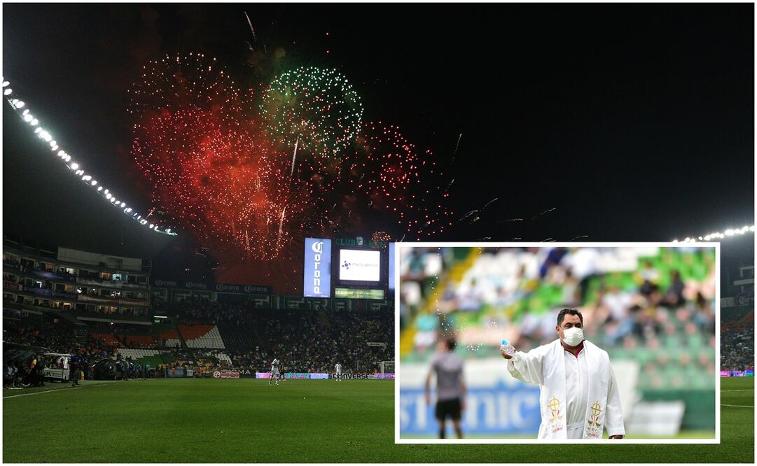 Estadio Nou Camp y Padre rociando agua bendita en León / FOTO: Imago7