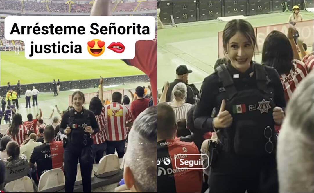 Ella es la policía que robó corazones en el partido Atlas vs Chivas en el Estadio Jalisco. FOTO: Capturas