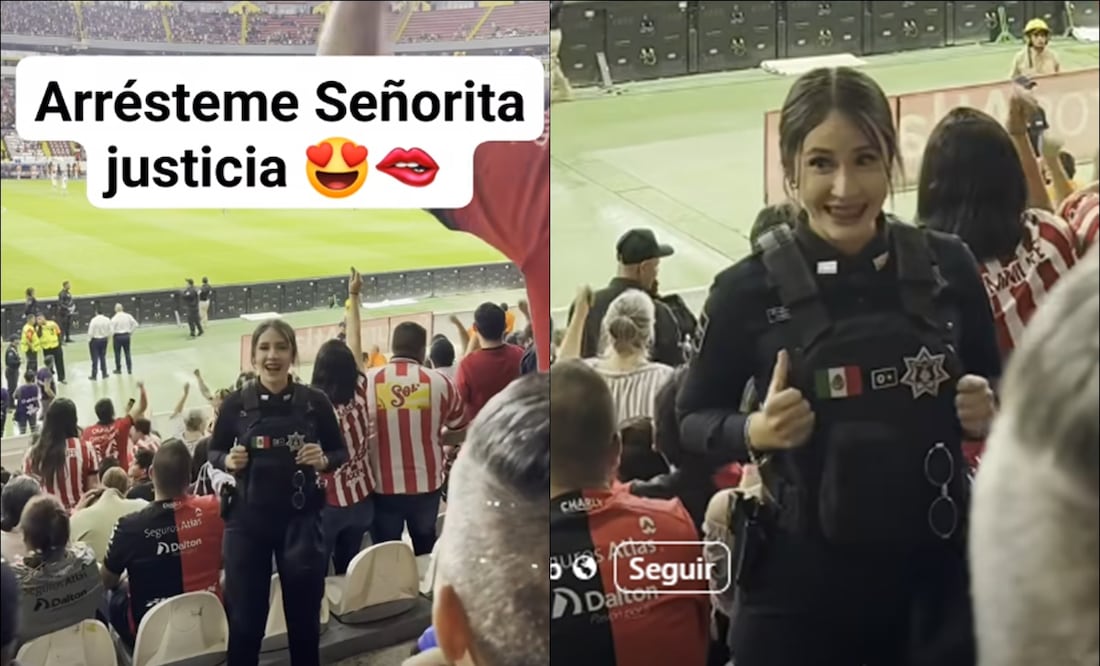 Ella es la policía que robó corazones en el partido Atlas vs Chivas en el Estadio Jalisco. FOTO: Capturas