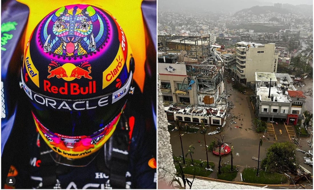 Casco Checo Pérez y calles de Acapulco damnificadas / FOTO: RedBull y Captura