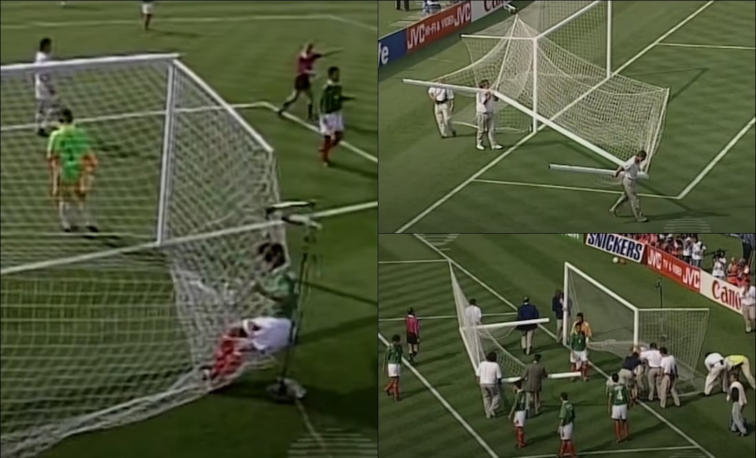 En cuestión de minutos, la portería defendida por Jorge Campos fue cambiada tras romperse en pleno partido. FOTO: Capturas