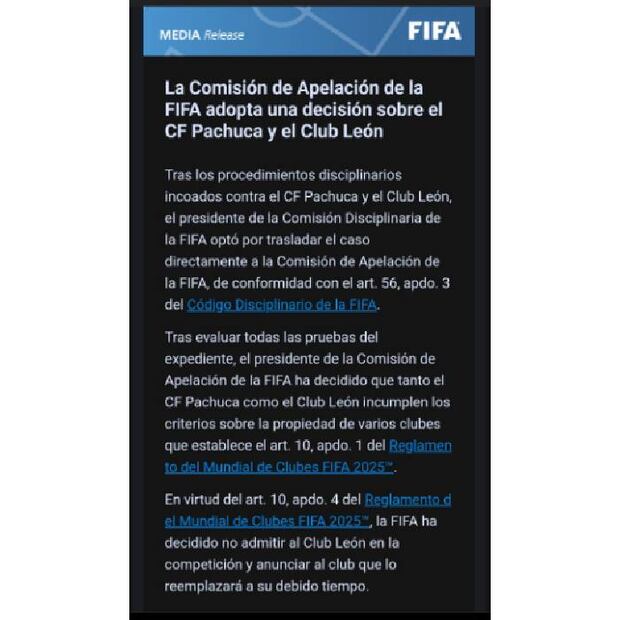 Esta fue la información compartida por la FIFA tras su decisión de dejar fuera al León del próximo Mundial de Clubes. FOTO: Especial