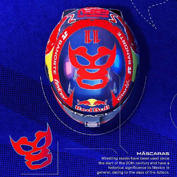 El casco de Checo Pérez simula una máscara de luchador en la parte de arriba. Foto: Especial