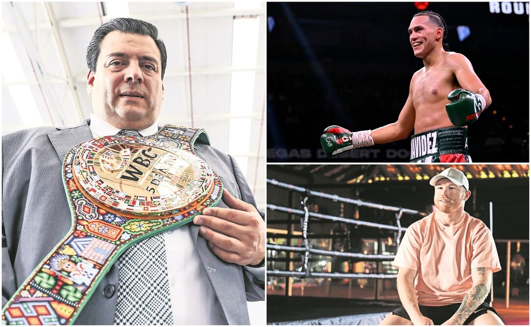 Mauricio Sulaimán, David Benavidez y Canelo Álvarez / FOTOS: AP y AFP