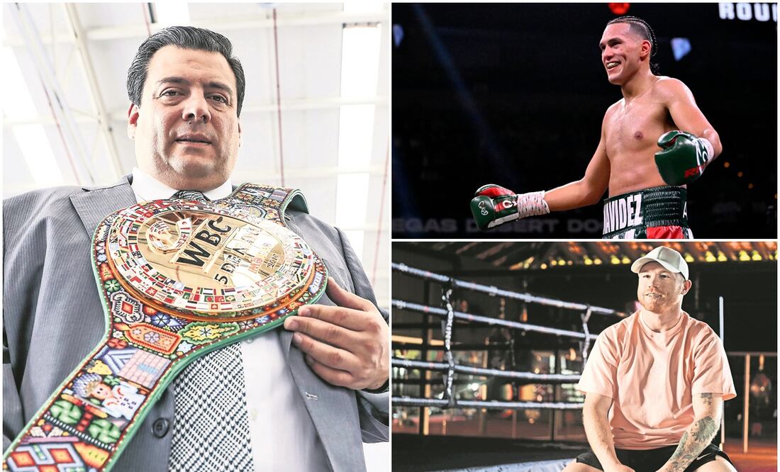 Mauricio Sulaimán, David Benavidez y Canelo Álvarez / FOTOS: AP y AFP