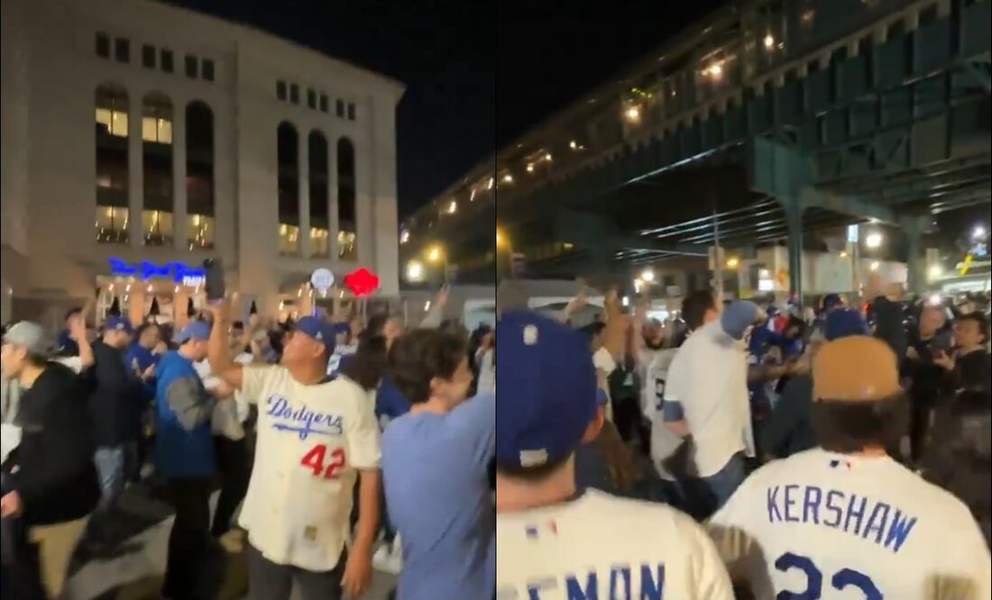 Aficionados de los Dodgers celebraron al ritmo del 'Sonidito' afuera del Yankee Stadium. FOTOS: Capturas