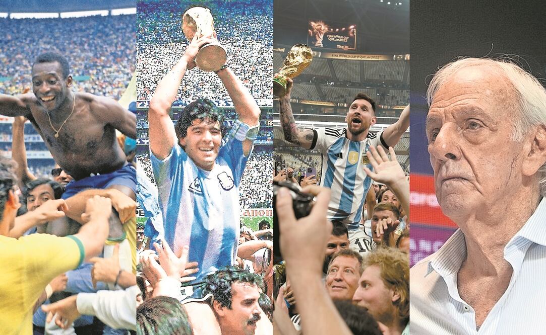 Pelé, Maradona y Messi luego de ganar la Copa del Mundo y César Luis Menotti en Argentina / FOTOS: AFP, EFE y AP