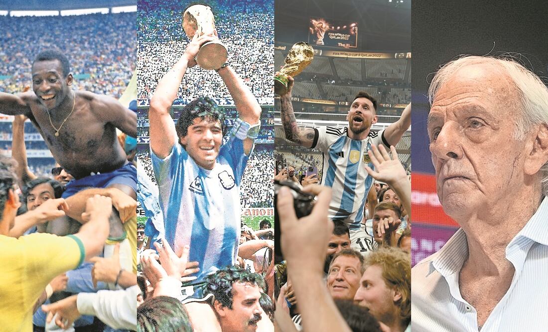 Pelé, Maradona y Messi luego de ganar la Copa del Mundo y César Luis Menotti en Argentina / FOTOS: AFP, EFE y AP