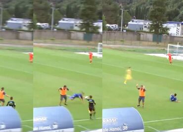 Entrenador se mete a la cancha para frenar un gol cantado en contra y finge que no hizo nada