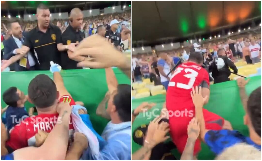 Emiliano Martínez enfrentándose a elemento de seguridad en Maracaná / FOTO: Capturas TyC