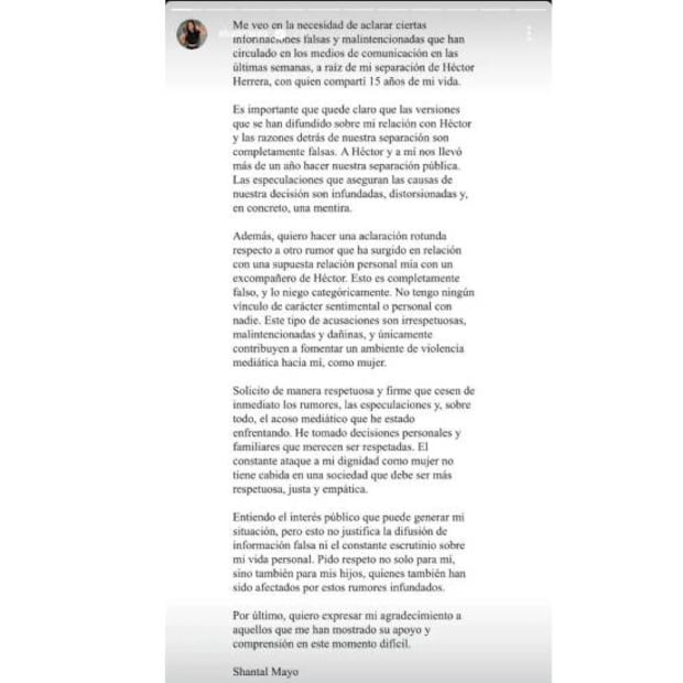 Estes es el mensaje que lanzó Shantal Mayo ante los rumores de su relación con Igor Lichnovsky. Foto: Especial