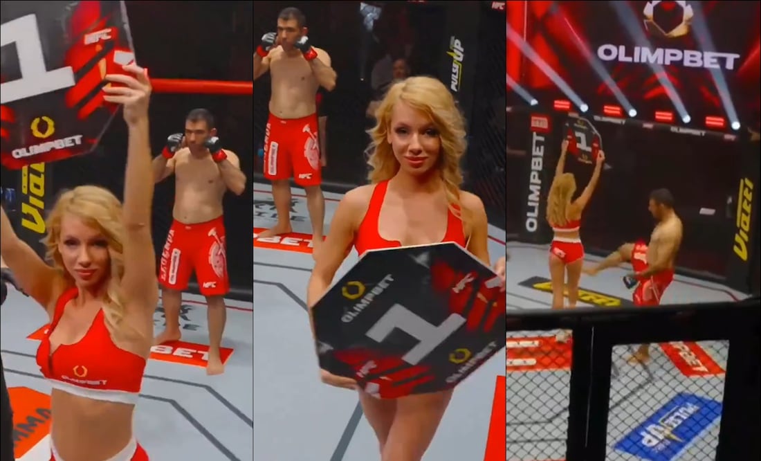 El pelador iraní Ali Heibati agrede a una edecán previo a una pelea. FOTO: Captura