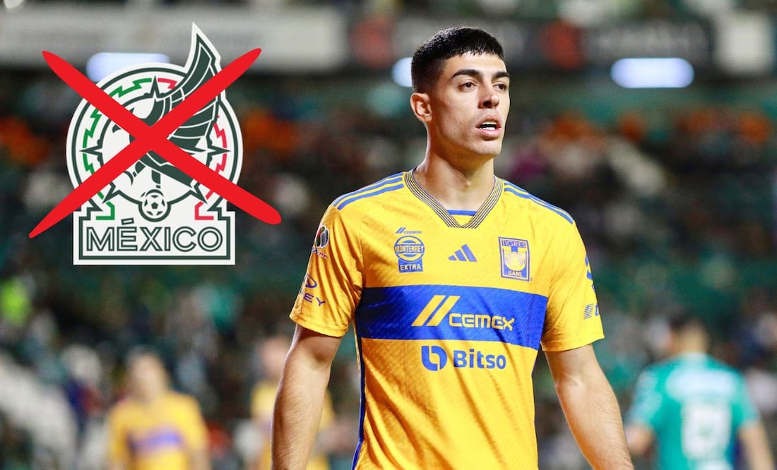 Juan Brunetta en su debut con Tigres ante León y logo de la Selección Mexicana / FOTO: Imago7