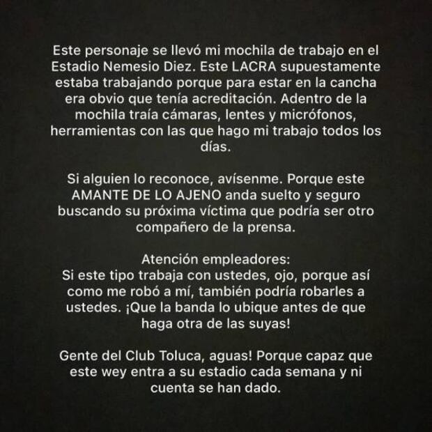 Brian Carmona, realizador audiovisual de TUDN, denunció en redes sociales el robo de sus herramientas de trabajo. Foto: Especial