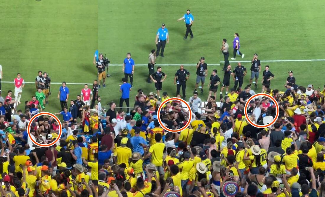 Darwin Núñez y José María Giménez terminaron calientitos y se fueron a los golpes con los aficionados de Colombia. Foto: Especial