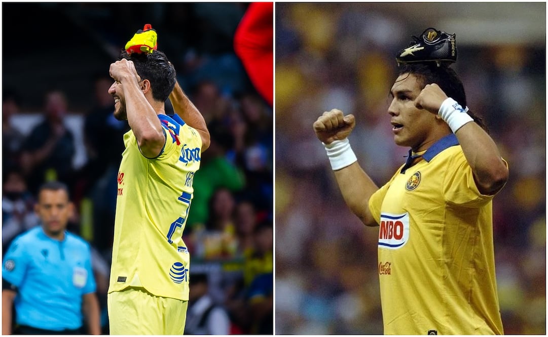Henry Martín y Salvador Cabañas haciendo el festejo del zapato con América / FOTOS: Imago7 y Especial