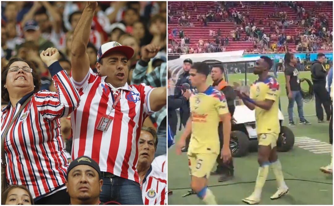Aficionados de Chivas y Julián Quiñonez haciendo gestos a fanáticos / FOTOS: Imago7 y Captura