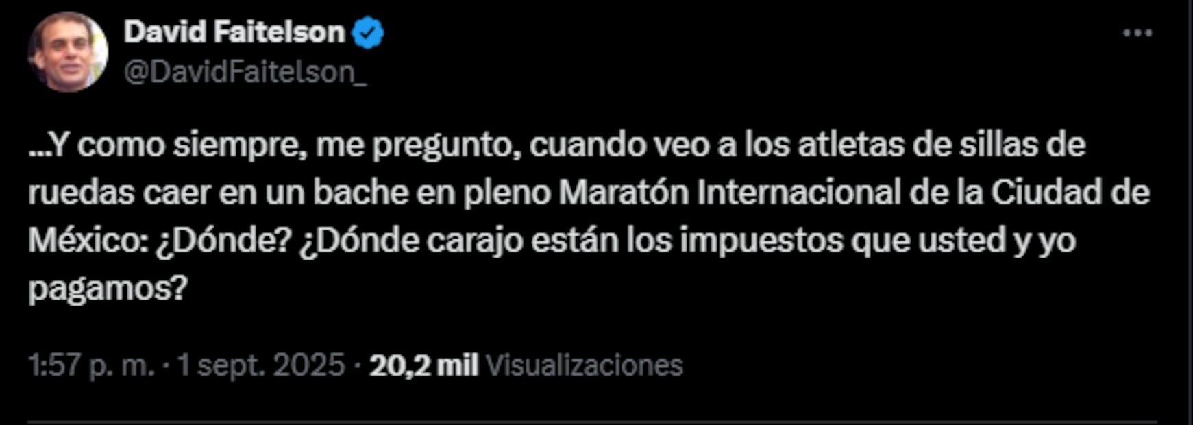 Los mensajes de David Faitelson contra los políticos por los baches en el Maratón Internacional de la CDMX