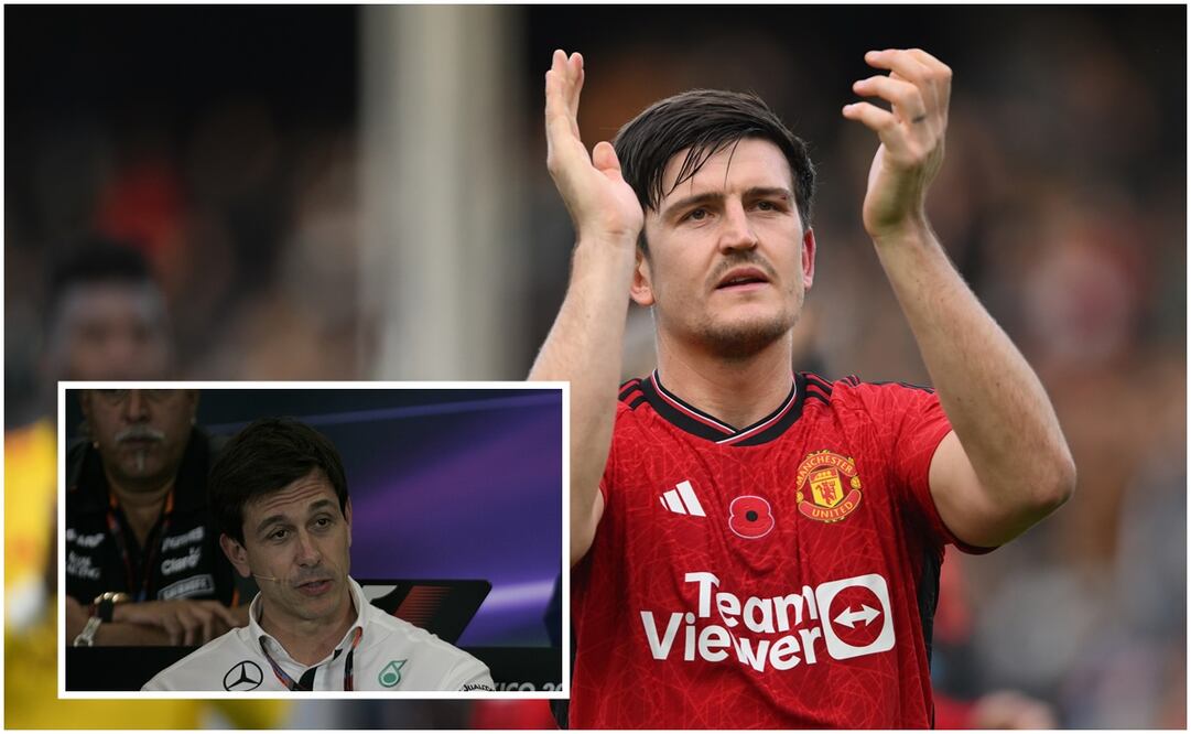 Harry Maguire festejando con el Manchester United y Toto Wolf en el paddock de Mercedes / FOTO: AP e Interna