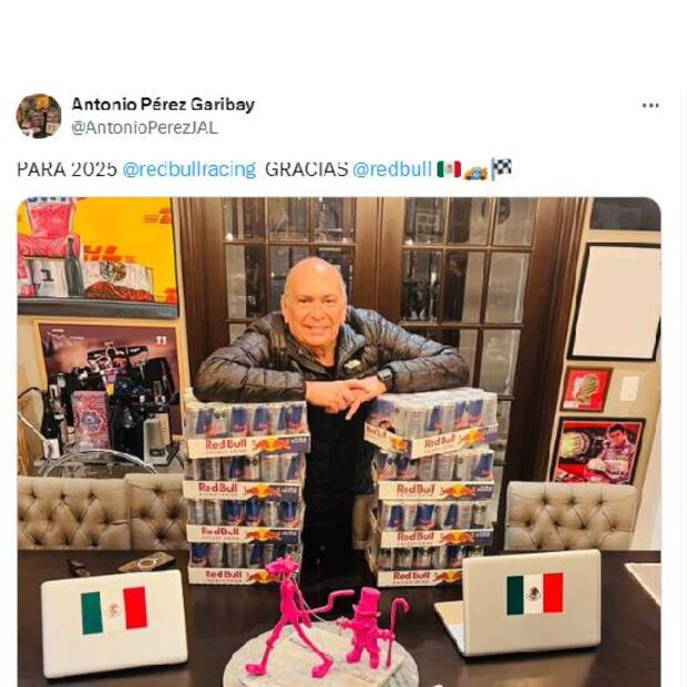 El padre de Checo Pérez publicó un enigmático mensaje acompañado de muchas bebidas de Red Bull. Foto: Especial