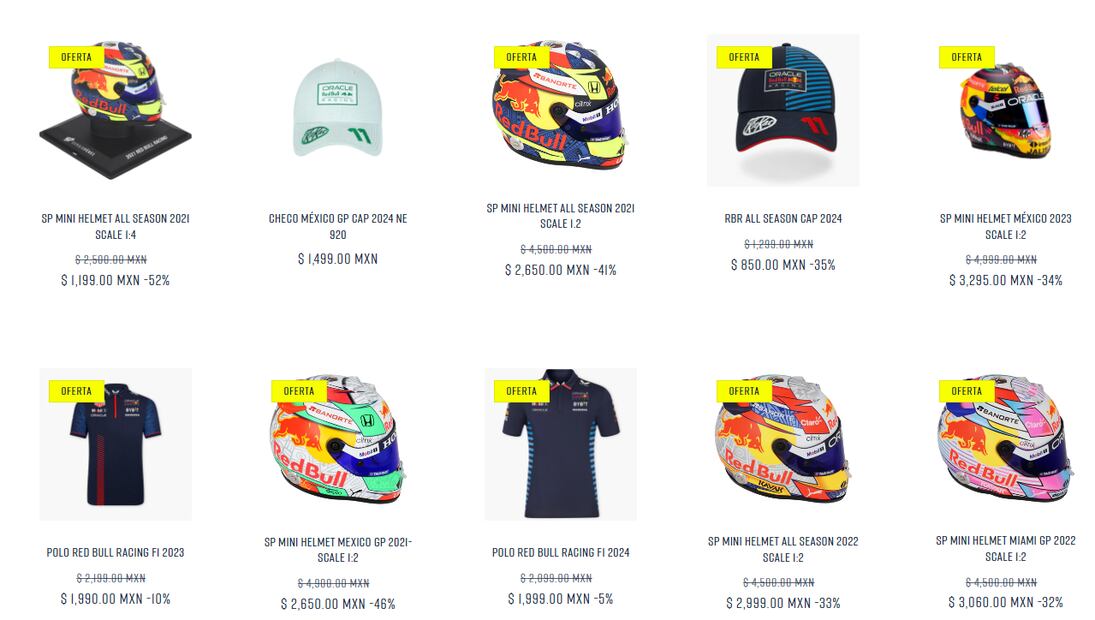 Así aparecen los productos en la tienda oficial de Sergio Pérez. FOTO: checoperez.com